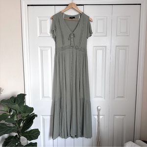 Completely In Love Sage Green Swiss Dot Button-Front Maxi Dress